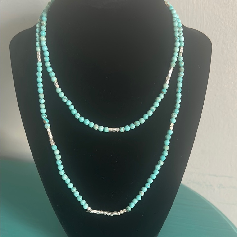 Turquoise Colored Howlite Gemstone and Silver Tone Beaded 34” Strand Necklace